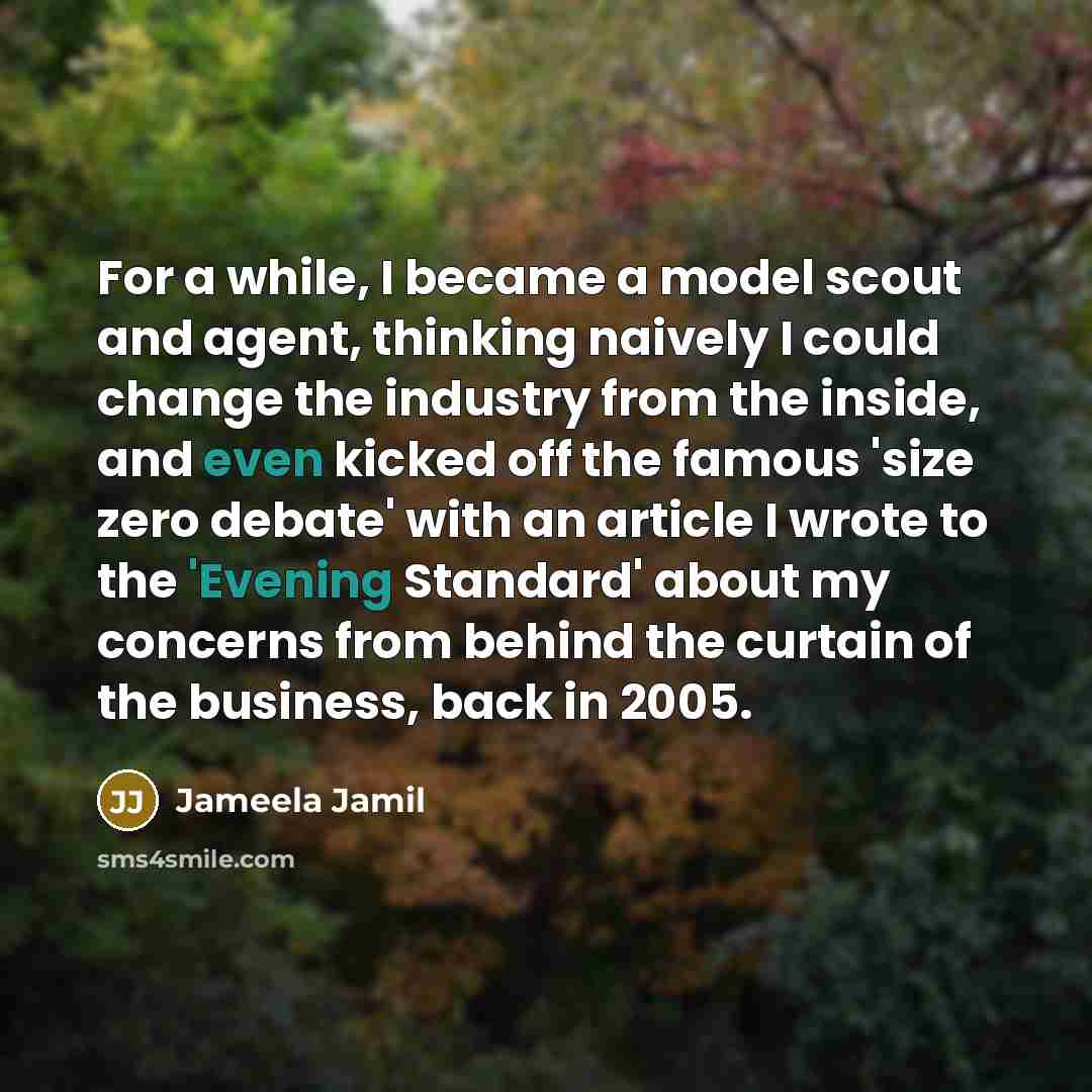 “For a while, I became a model scout and agent, thinking naively I could change the industry from the inside, and even kicked off the famous 'size zero debate' with an article I wrote to the 'Evening Standard' about my concerns from behind the curtain of the business, back in 2005.” quote by Jameela Jamil