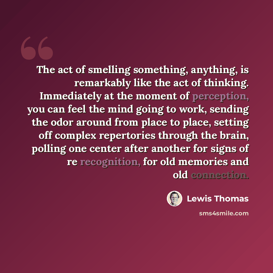 “The act of smelling something, anything, is remarkably like the act of thinking. Immediately at the moment of perception, you can feel the mind going to work, sending the odor around from place to place, setting off complex repertories through the brain, polling one center after another for signs…” quote by Lewis Thomas