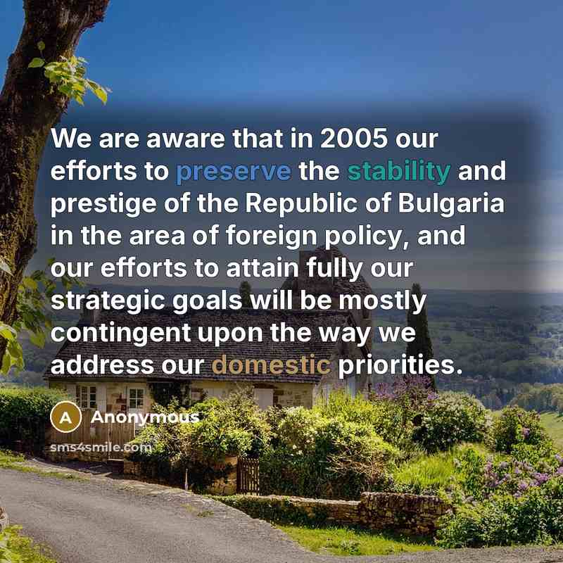 “We are aware that in 2005 our efforts to preserve the stability and prestige of the Republic of Bulgaria in the area of foreign policy, and our efforts to attain fully our strategic goals will be mostly contingent upon the way we address our domestic priorities.” quote by Anonymous
