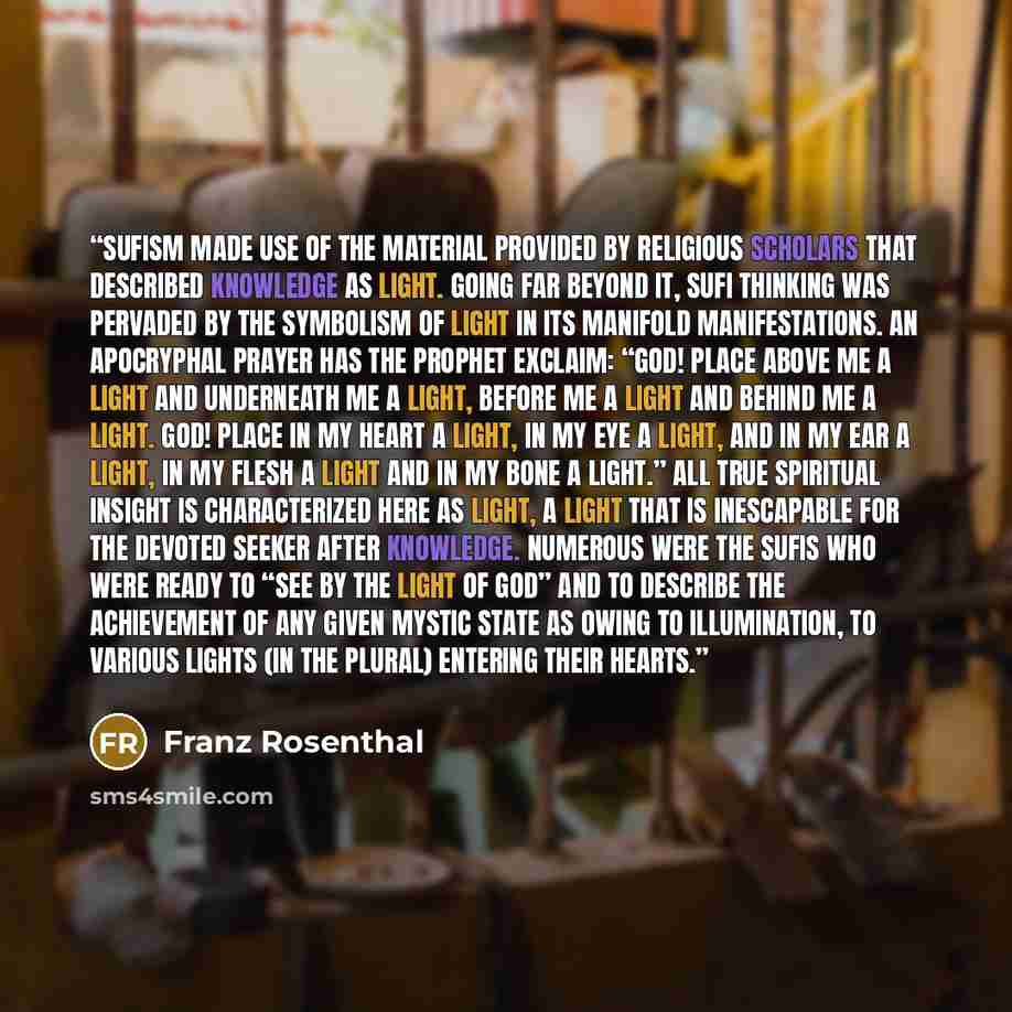 “Sufism made use of the material provided by religious scholars that described knowledge as light. Going far beyond it, Sufi thinking was pervaded by the symbolism of light in its manifold manifestations. An apocryphal prayer has the Prophet exclaim: “God! Place above me a light and underneath me a…” quote by Franz Rosenthal