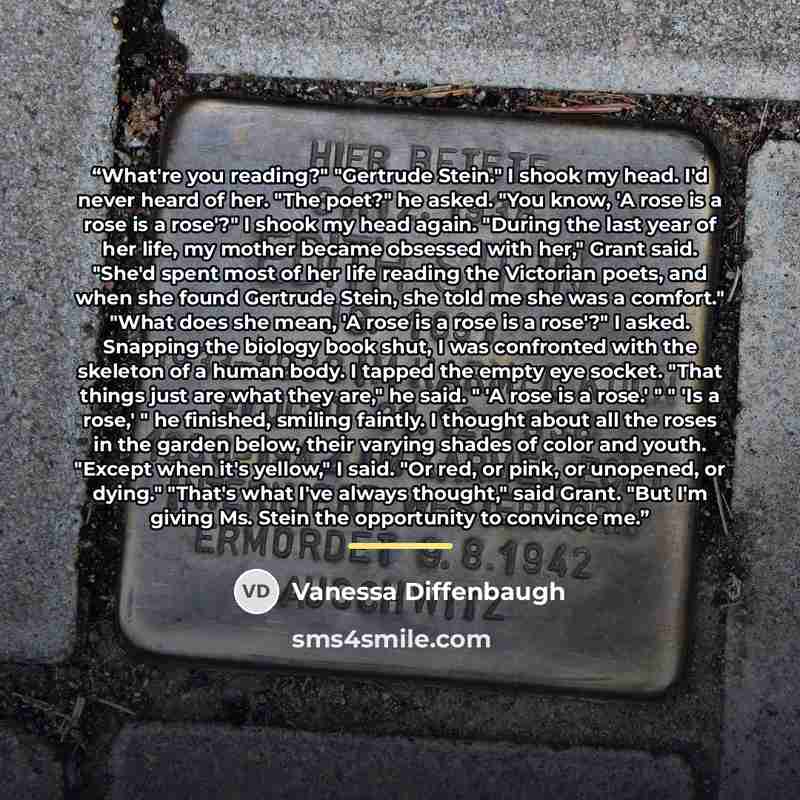 “What're you reading?" "Gertrude Stein." I shook my head. I'd never heard of her. "The poet?" he asked. "You know, 'A rose is a rose is a rose'?" I shook my head again. "During the last year of her life, my mother became obsessed with her," Grant said. "She'd spent most of her life reading the…” quote by Vanessa Diffenbaugh