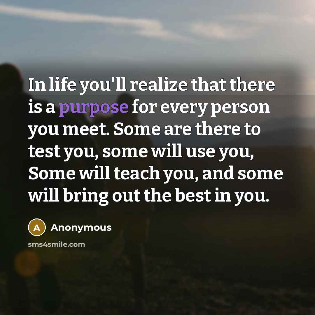 “In life you'll realize that there is a purpose for every person you meet. Some are there to test you, some will use you, Some will teach you, and some will bring out the best in you.” quote by Anonymous
