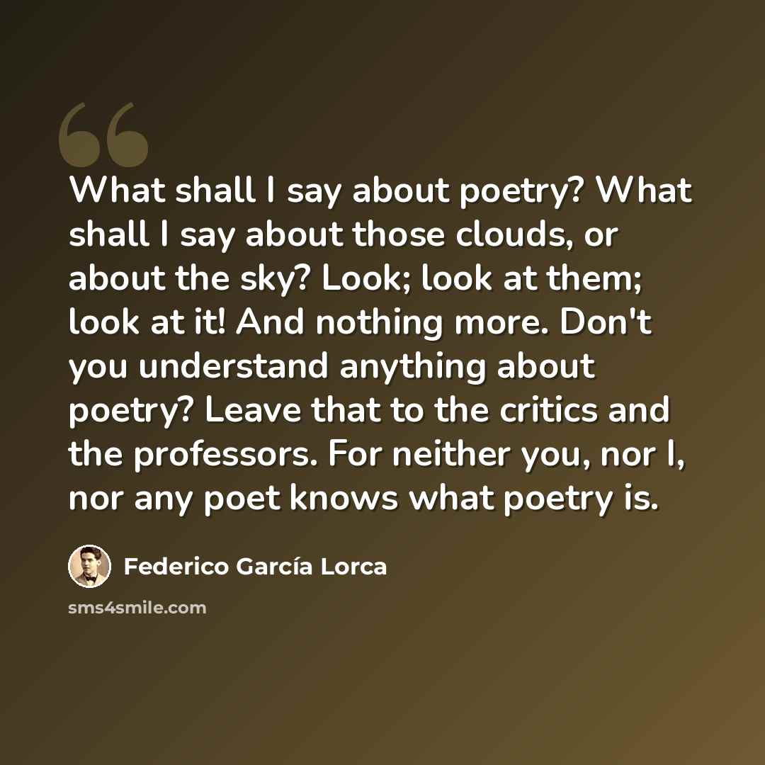 “What shall I say about poetry? What shall I say about those clouds, or about the sky? Look; look at them; look at it! And nothing more. Don't you understand anything about poetry? Leave that to the critics and the professors. For neither you, nor I, nor any poet knows what poetry is.” quote by Federico Garcia Lorca