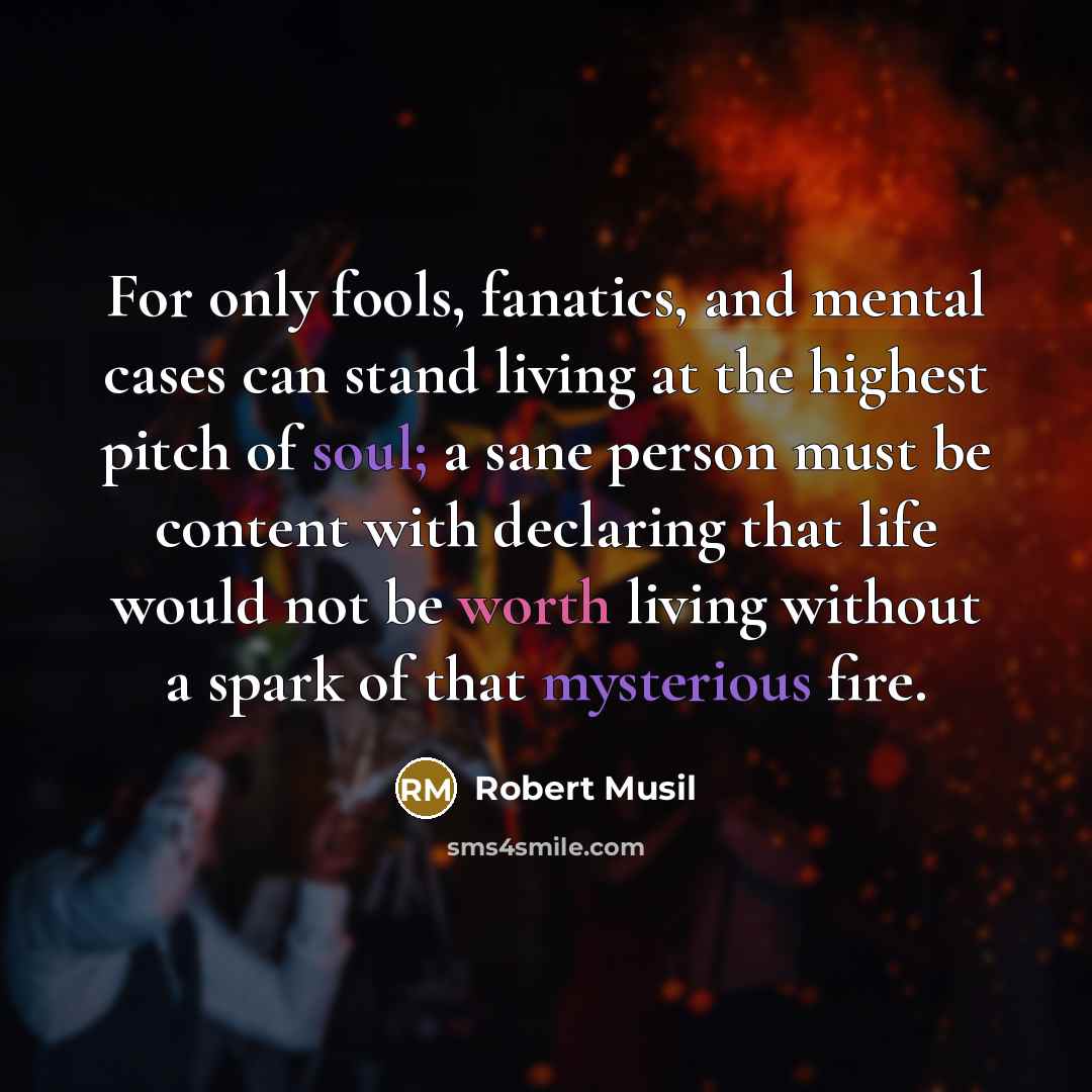 “For only fools, fanatics, and mental cases can stand living at the highest pitch of soul; a sane person must be content with declaring that life would not be worth living without a spark of that mysterious fire.” quote by Robert Musil