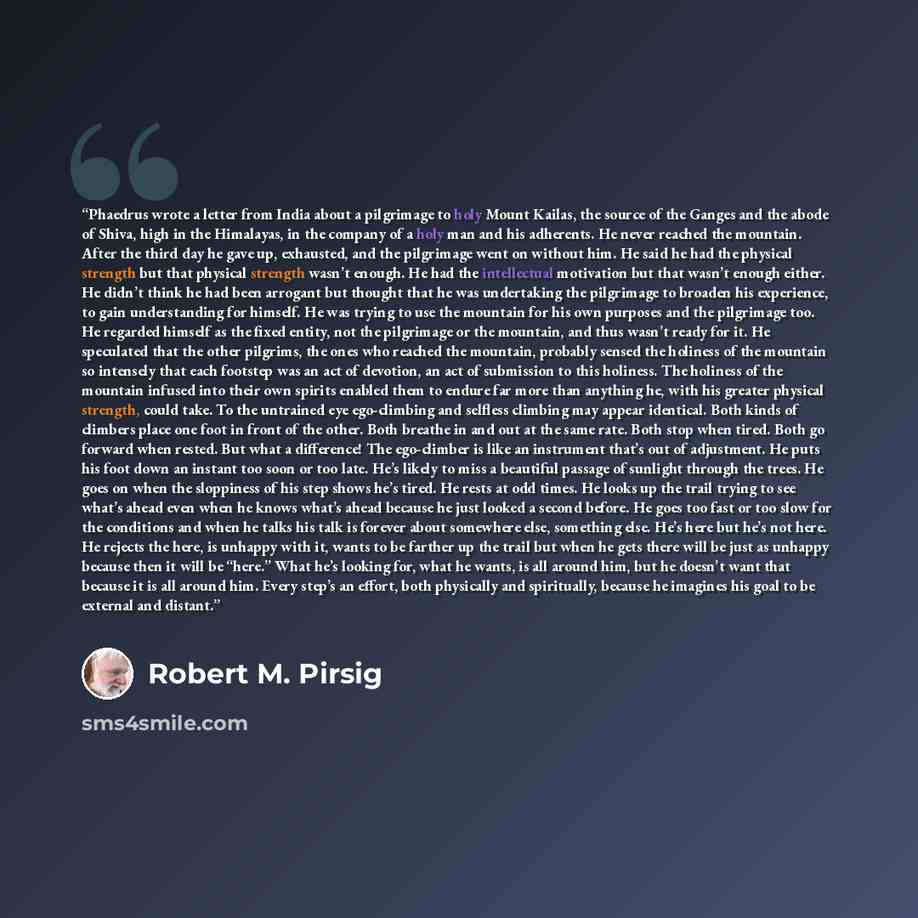 “Phaedrus wrote a letter from India about a pilgrimage to holy Mount Kailas, the source of the Ganges and the abode of Shiva, high in the Himalayas, in the company of a holy man and his adherents. He never reached the mountain. After the third day he gave up, exhausted, and the pilgrimage went on…” quote by Robert M. Pirsig