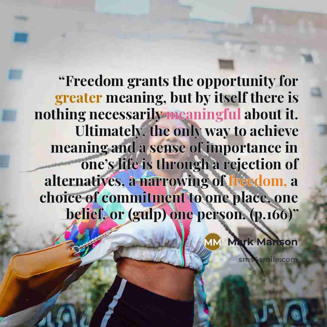 “Freedom grants the opportunity for greater meaning, but by itself there is nothing necessarily meaningful about it. Ultimately, the only way to achieve meaning and a sense of importance in one’s life is through a rejection of alternatives, a narrowing of freedom, a choice of commitment to one…” quote by Mark Manson