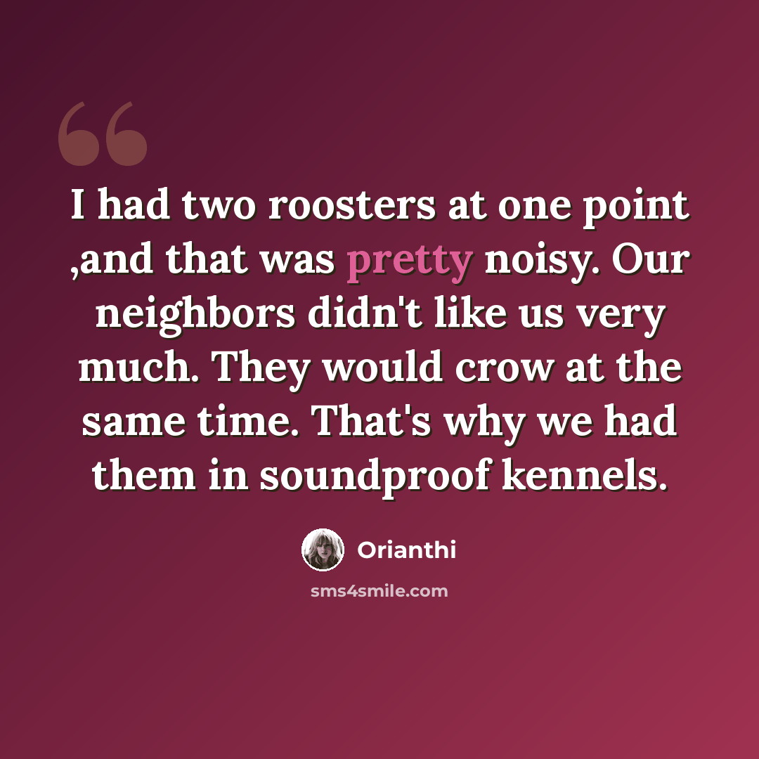 “I had two roosters at one point ,and that was pretty noisy. Our neighbors didn't like us very much. They would crow at the same time. That's why we had them in soundproof kennels.” quote by Orianthi