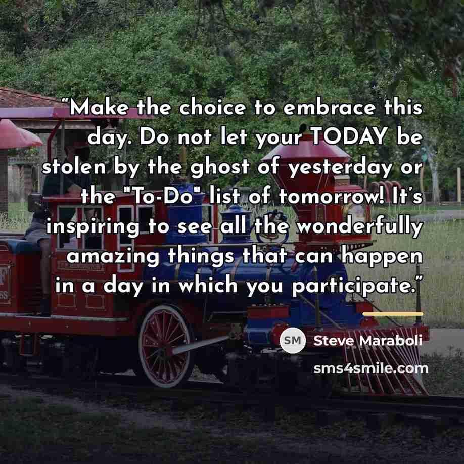 “Make the choice to embrace this day. Do not let your TODAY be stolen by the ghost of yesterday or the "To-Do" list of tomorrow! It’s inspiring to see all the wonderfully amazing things that can happen in a day in which you participate.” quote by Steve Maraboli