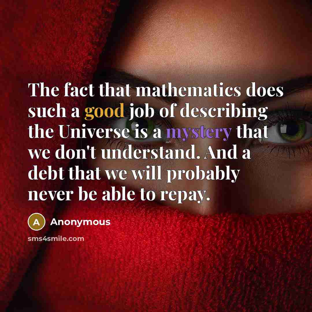 “The fact that mathematics does such a good job of describing the Universe is a mystery that we don't understand. And a debt that we will probably never be able to repay.” quote by Anonymous