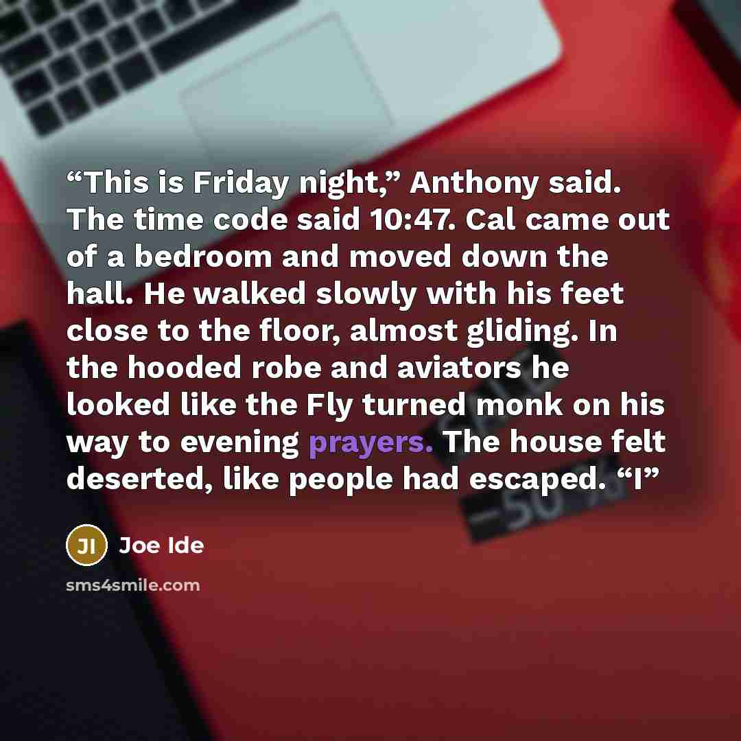 “This is Friday night,” Anthony said. The time code said 10:47. Cal came out of a bedroom and moved down the hall. He walked slowly with his feet close to the floor, almost gliding. In the hooded robe and aviators he looked like the Fly turned monk on his way to evening prayers. The house felt…” quote by Joe Ide