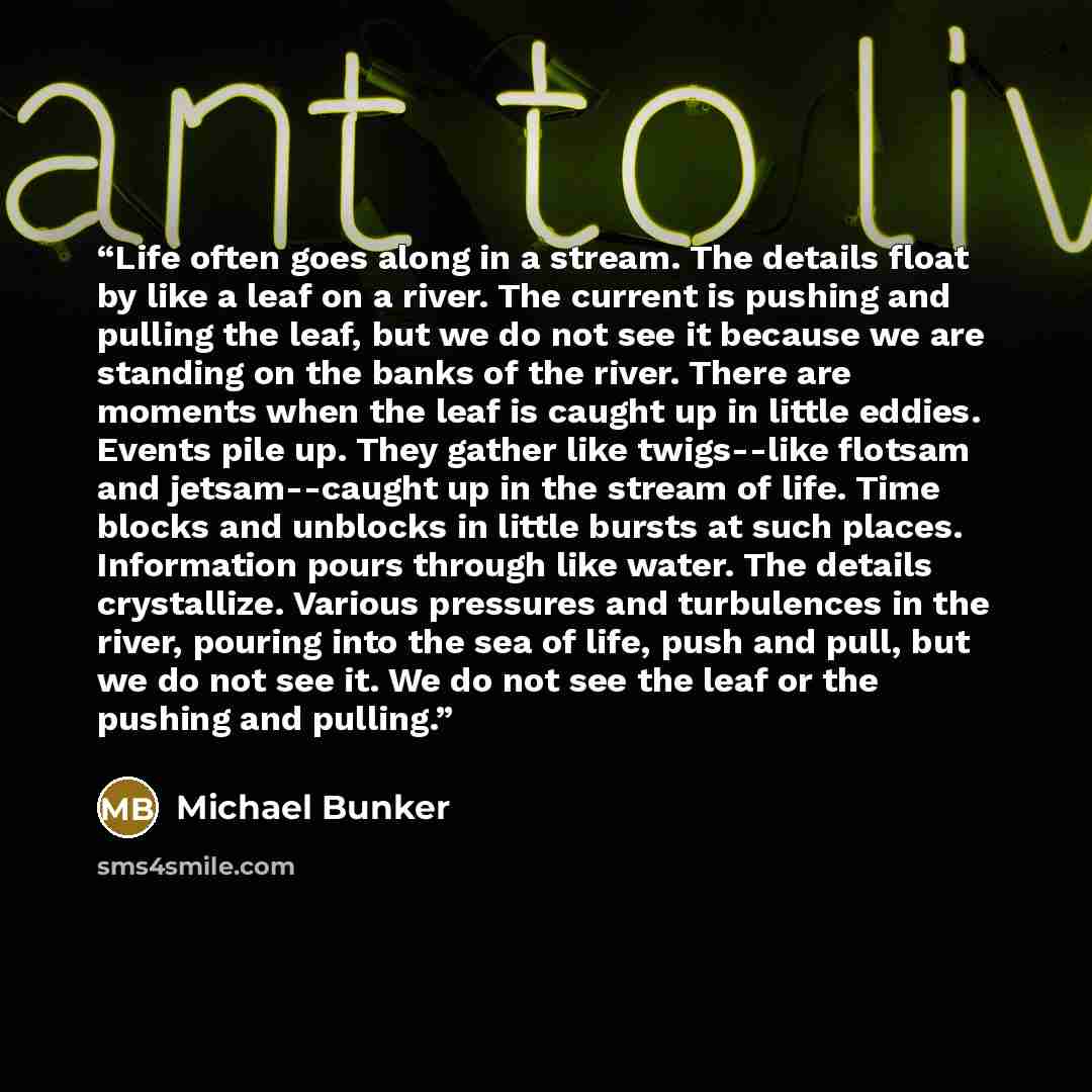 “Life often goes along in a stream. The details float by like a leaf on a river. The current is pushing and pulling the leaf, but we do not see it because we are standing on the banks of the river. There are moments when the leaf is caught up in little eddies. Events pile up. They gather like…” quote by Michael Bunker