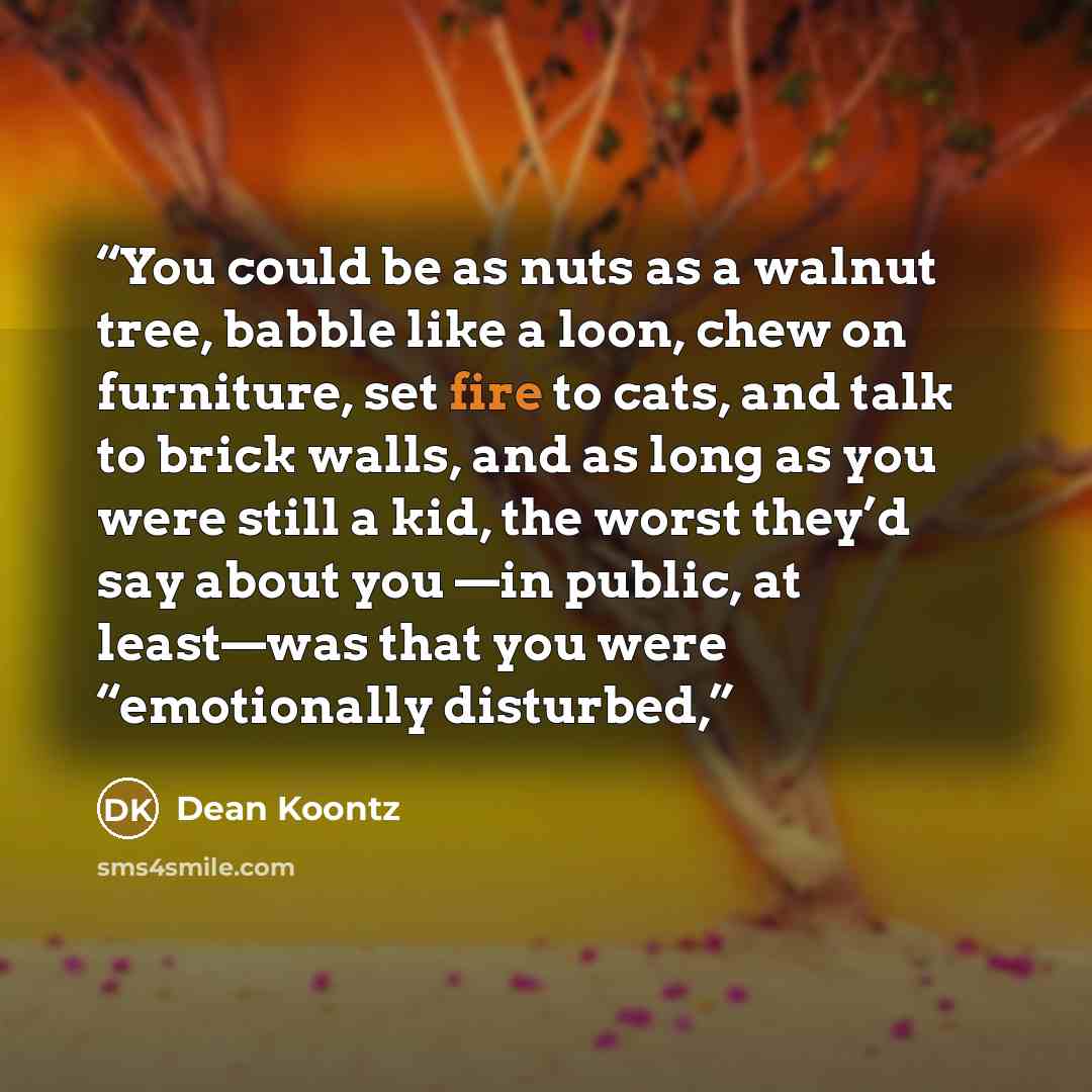 “You could be as nuts as a walnut tree, babble like a loon, chew on furniture, set fire to cats, and talk to brick walls, and as long as you were still a kid, the worst they’d say about you —in public, at least—was that you were “emotionally disturbed,” quote by Dean Koontz