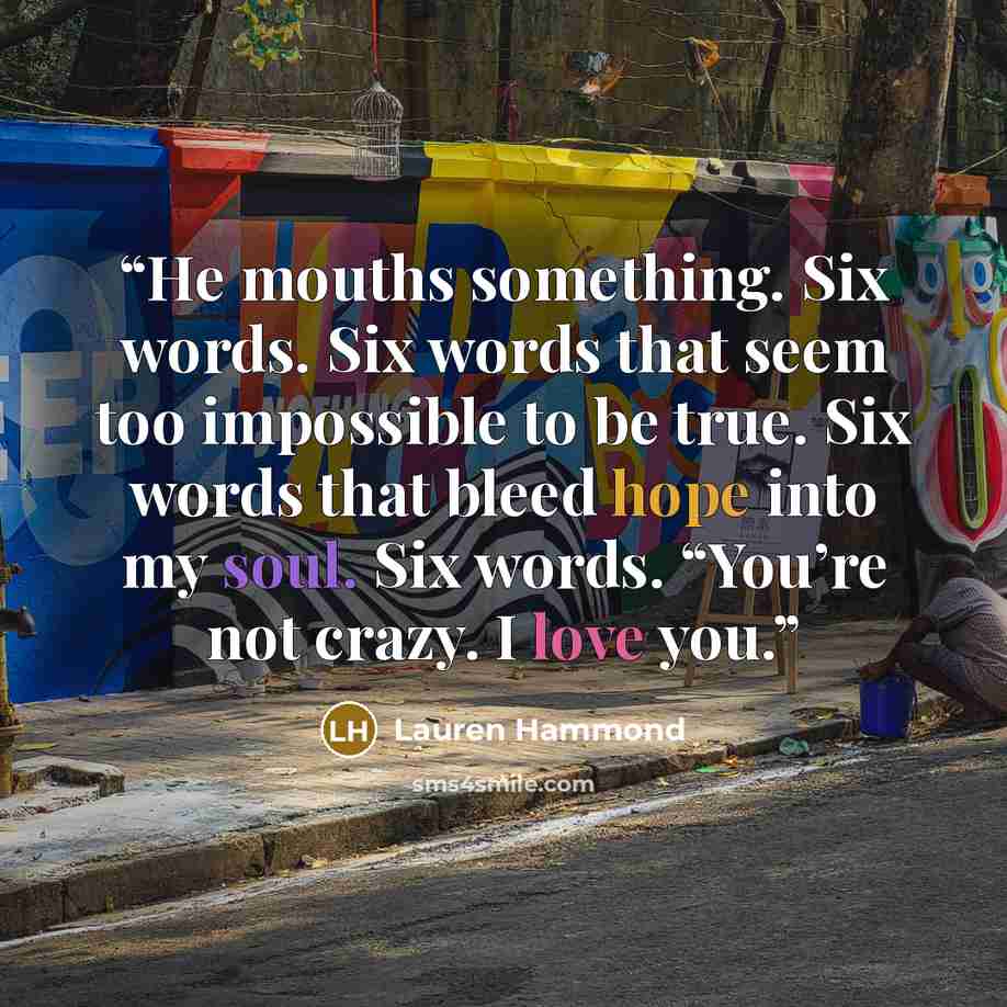 “He mouths something. Six words. Six words that seem too impossible to be true. Six words that bleed hope into my soul. Six words. “You’re not crazy. I love you.” quote by lauren hammond