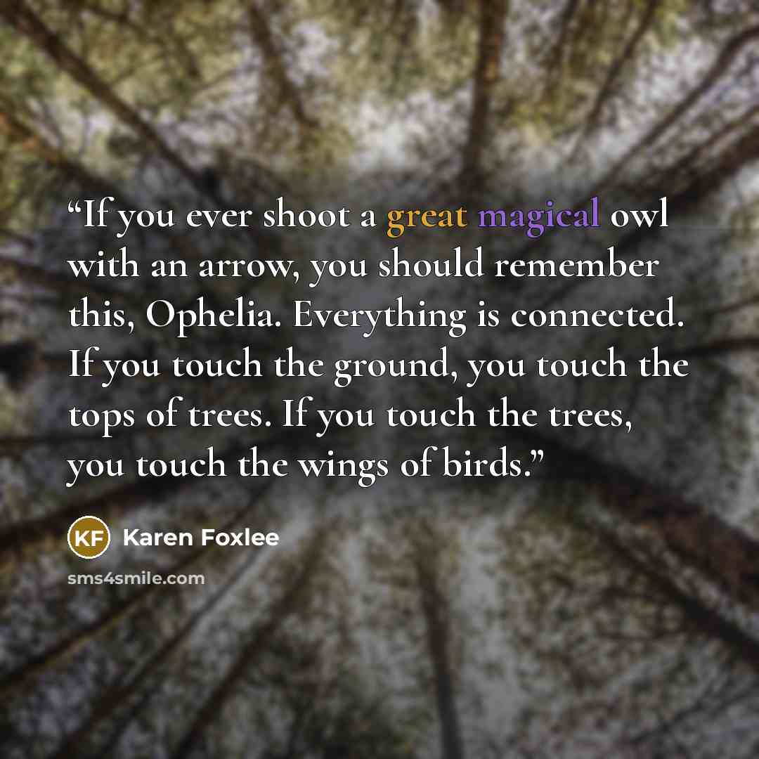 “If you ever shoot a great magical owl with an arrow, you should remember this, Ophelia. Everything is connected. If you touch the ground, you touch the tops of trees. If you touch the trees, you touch the wings of birds.” quote by Karen Foxlee