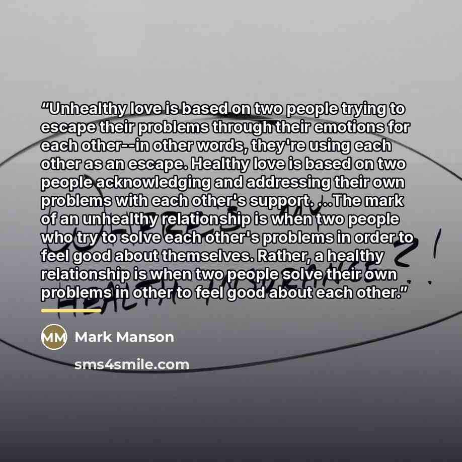 “Unhealthy love is based on two people trying to escape their problems through their emotions for each other--in other words, they're using each other as an escape. Healthy love is based on two people acknowledging and addressing their own problems with each other's support. ...The mark of an…” quote by Mark Manson