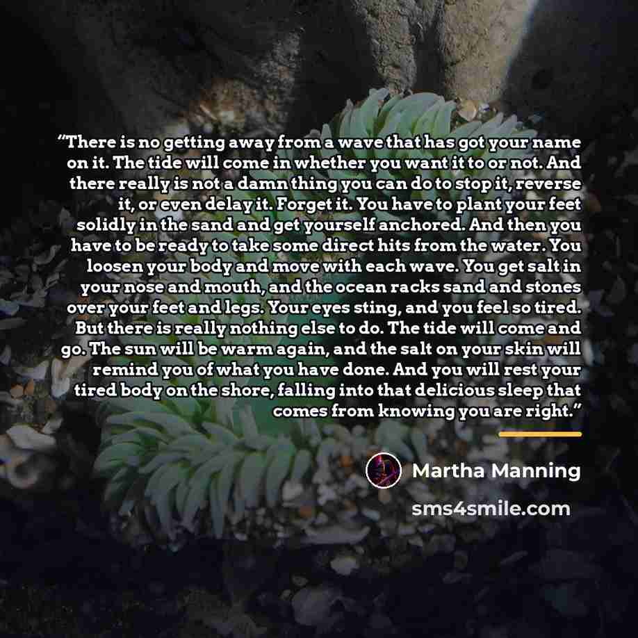 “There is no getting away from a wave that has got your name on it. The tide will come in whether you want it to or not. And there really is not a damn thing you can do to stop it, reverse it, or even delay it. Forget it. You have to plant your feet solidly in the sand and get yourself anchored…” quote by Martha Manning