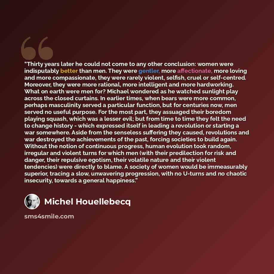 “Thirty years later he could not come to any other conclusion: women were indisputably better than men. They were gentler, more affectionate, more loving and more compassionate, they were rarely violent, selfish, cruel or self-centred. Moreover, they were more rational, more intelligent and more…” quote by Michel Houellebecq