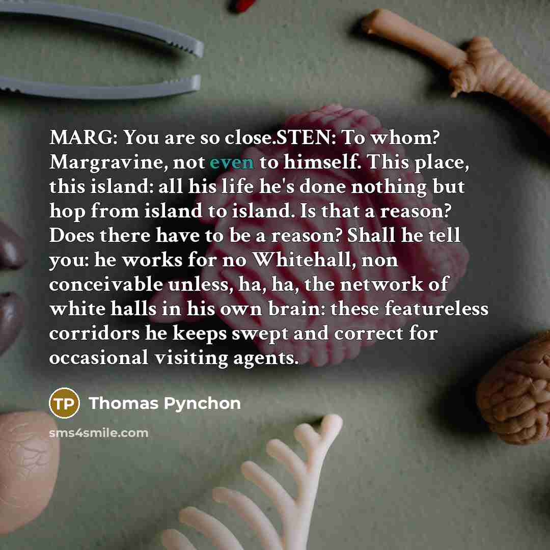 “MARG: You are so close.STEN: To whom? Margravine, not even to himself. This place, this island: all his life he's done nothing but hop from island to island. Is that a reason? Does there have to be a reason? Shall he tell you: he works for no Whitehall, non conceivable unless, ha, ha, the network…” quote by Thomas Pynchon