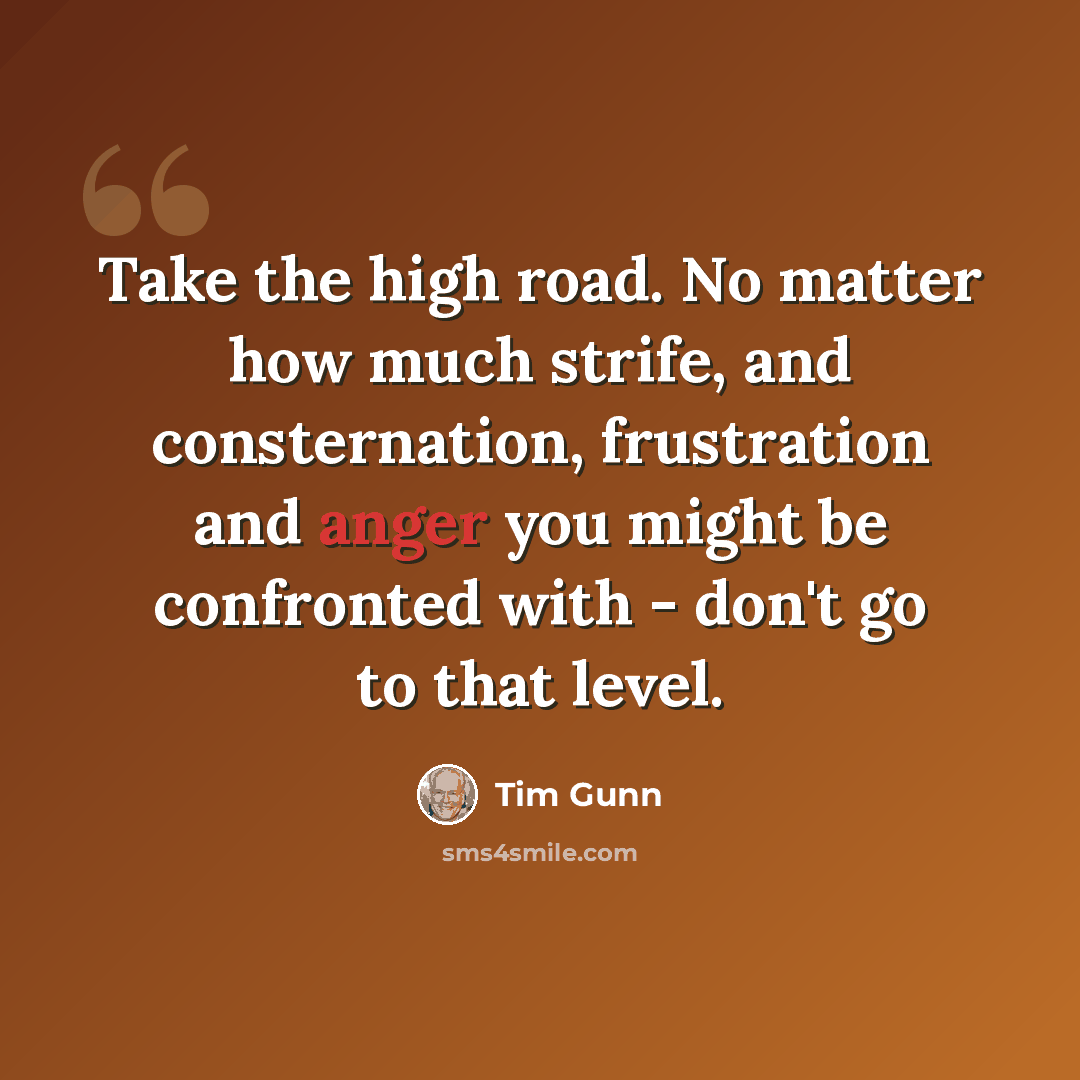 “Take the high road. No matter how much strife, and consternation, frustration and anger you might be confronted with - don't go to that level.” quote by Tim Gunn
