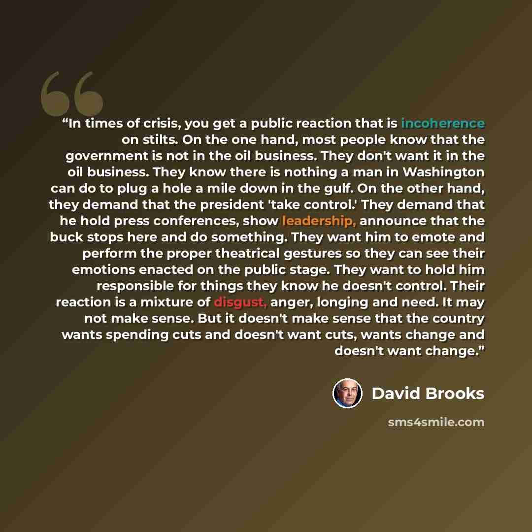 “In times of crisis, you get a public reaction that is incoherence on stilts. On the one hand, most people know that the government is not in the oil business. They don't want it in the oil business. They know there is nothing a man in Washington can do to plug a hole a mile down in the gulf. On…” quote by David Brooks
