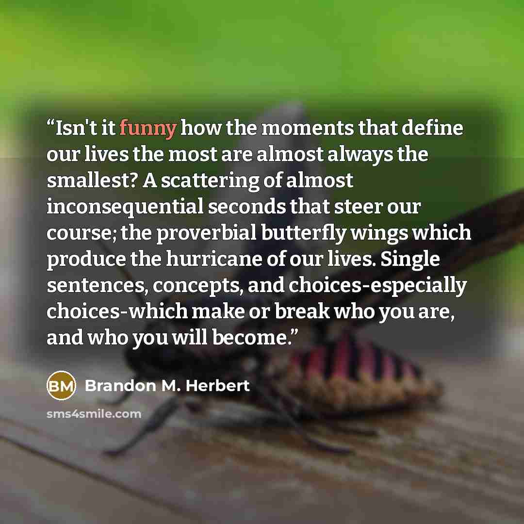 “Isn't it funny how the moments that define our lives the most are almost always the smallest? A scattering of almost inconsequential seconds that steer our course; the proverbial butterfly wings which produce the hurricane of our lives. Single sentences, concepts, and choices-especially…” quote by Brandon M. Herbert