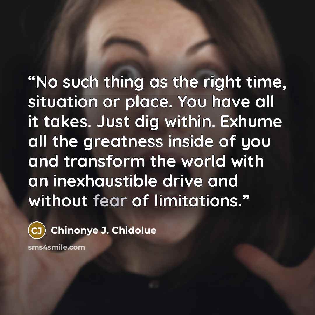 “No such thing as the right time, situation or place. You have all it takes. Just dig within. Exhume all the greatness inside of you and transform the world with an inexhaustible drive and without fear of limitations.” quote by Chinonye J. Chidolue