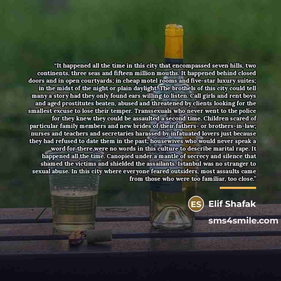 “It happened all the time in this city that encompassed seven hills, two continents, three seas and fifteen million mouths. It happened behind closed doors and in open courtyards; in cheap motel rooms and five-star luxury suites; in the midst of the night or plain daylight. The brothels of this…” quote by Elif Shafak