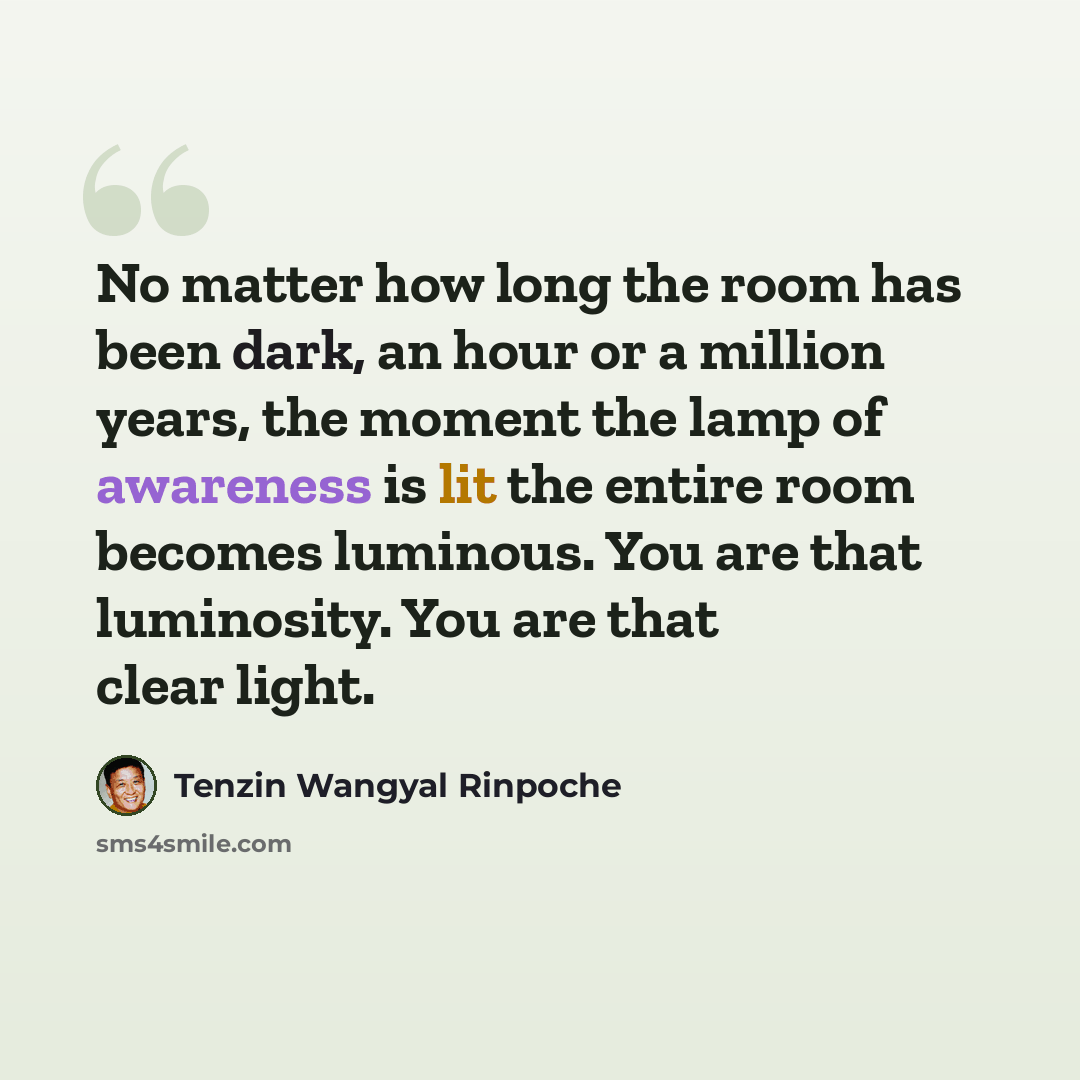 “No matter how long the room has been dark, an hour or a million years, the moment the lamp of awareness is lit the entire room becomes luminous. You are that luminosity. You are that clear light.” quote by Tenzin Wangyal Rinpoche
