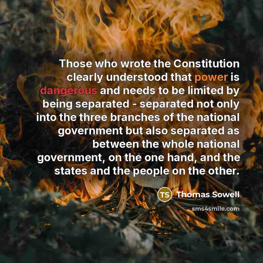 “Those who wrote the Constitution clearly understood that power is dangerous and needs to be limited by being separated - separated not only into the three branches of the national government but also separated as between the whole national government, on the one hand, and the states and the people…” quote by Thomas Sowell