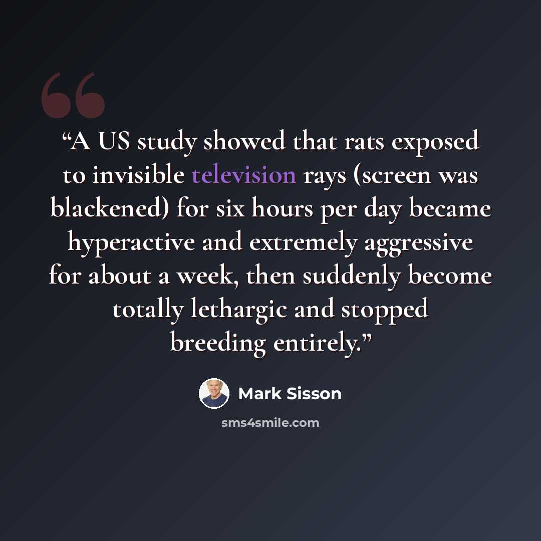 “A US study showed that rats exposed to invisible television rays (screen was blackened) for six hours per day became hyperactive and extremely aggressive for about a week, then suddenly become totally lethargic and stopped breeding entirely.” quote by Mark Sisson
