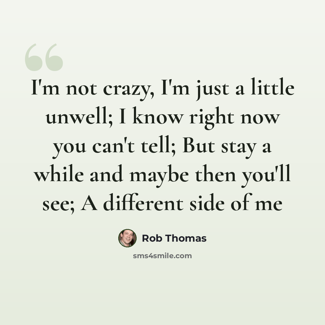 “I'm not crazy, I'm just a little unwell; I know right now you can't tell; But stay a while and maybe then you'll see; A different side of me” quote by Rob Thomas