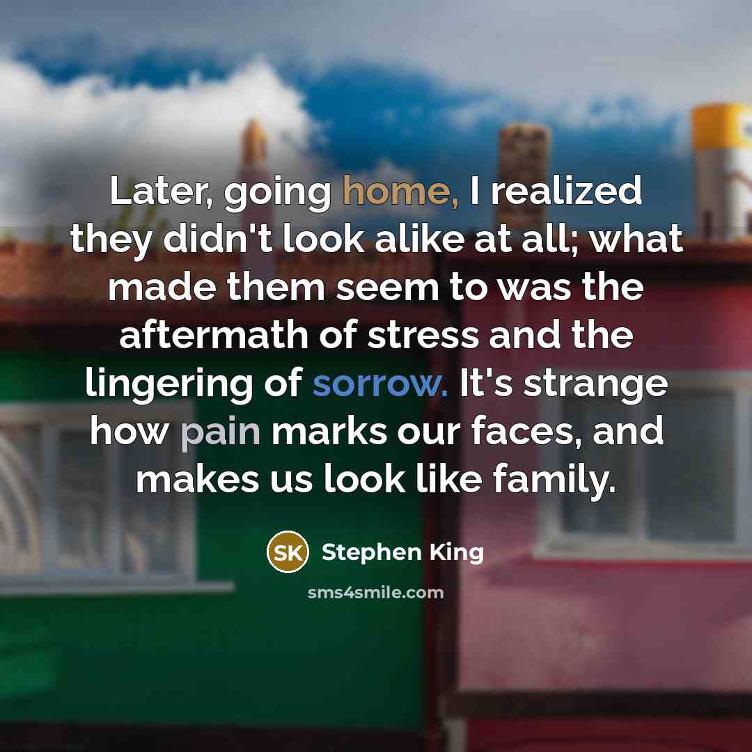 “Later, going home, I realized they didn't look alike at all; what made them seem to was the aftermath of stress and the lingering of sorrow. It's strange how pain marks our faces, and makes us look like family.” quote by Stephen King