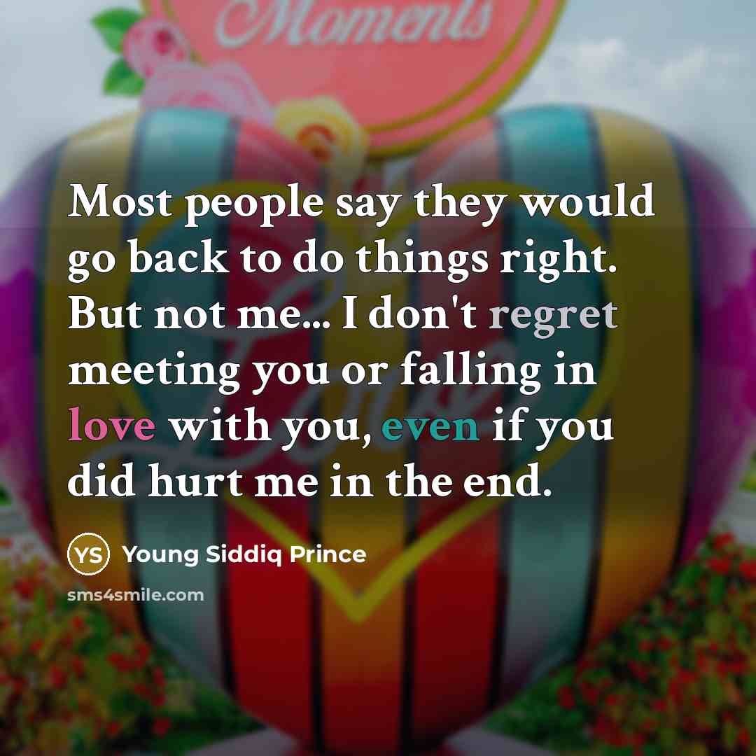 “Most people say they would go back to do things right. But not me... I don't regret meeting you or falling in love with you, even if you did hurt me in the end.” quote by Young Siddiq Prince