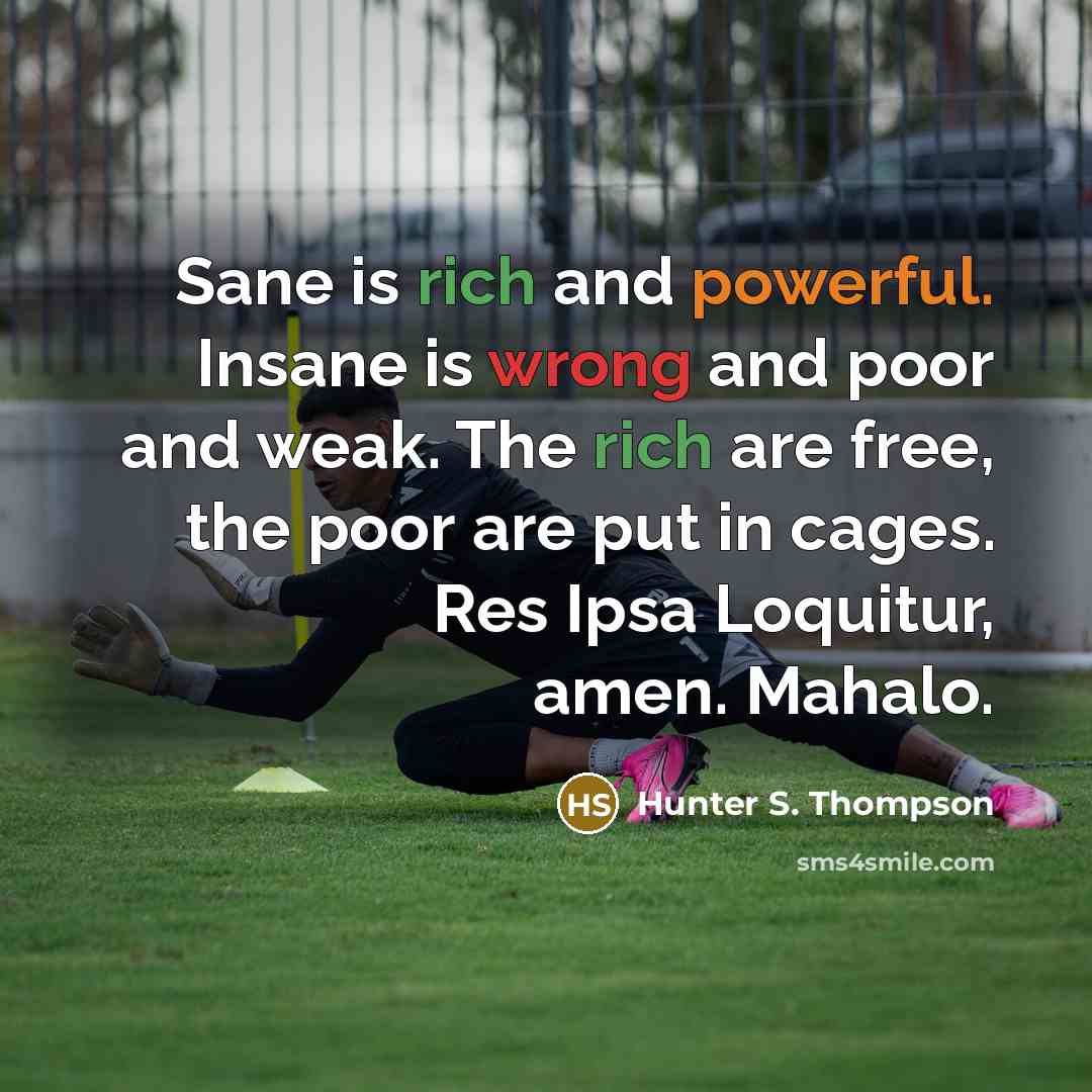 “Sane is rich and powerful. Insane is wrong and poor and weak. The rich are free, the poor are put in cages. Res Ipsa Loquitur, amen. Mahalo.” quote by Hunter S. Thompson
