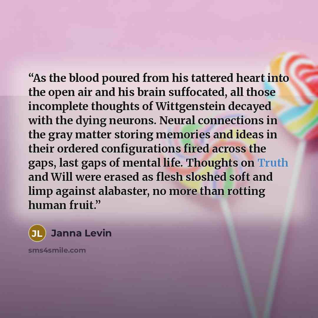 “As the blood poured from his tattered heart into the open air and his brain suffocated, all those incomplete thoughts of Wittgenstein decayed with the dying neurons. Neural connections in the gray matter storing memories and ideas in their ordered configurations fired across the gaps, last gaps of…” quote by Janna Levin