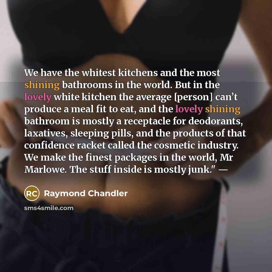 “We have the whitest kitchens and the most shining bathrooms in the world. But in the lovely white kitchen the average [person] can’t produce a meal fit to eat, and the lovely shining bathroom is mostly a receptacle for deodorants, laxatives, sleeping pills, and the products of that confidence…” quote by Raymond Chandler