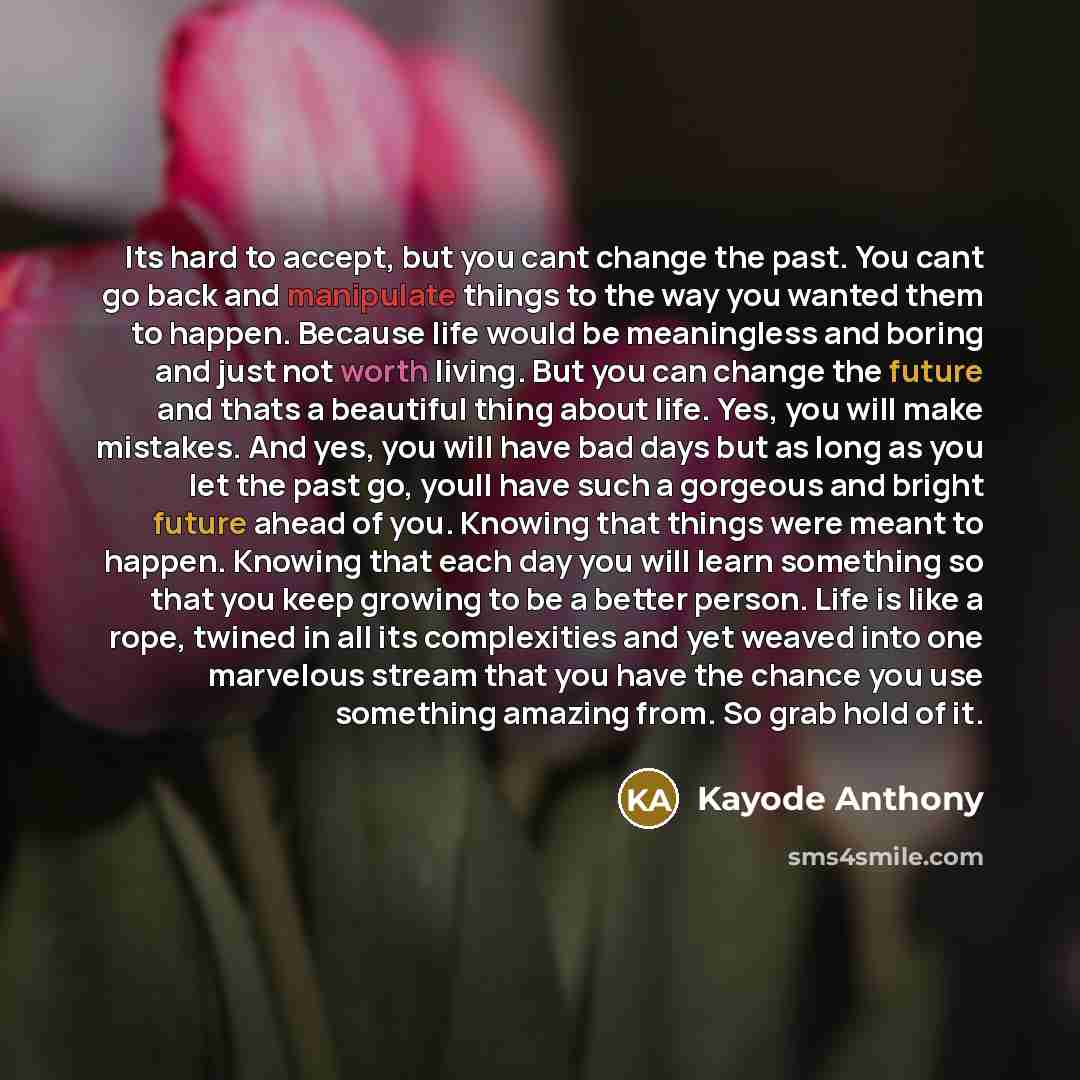 “Its hard to accept, but you cant change the past. You cant go back and manipulate things to the way you wanted them to happen. Because life would be meaningless and boring and just not worth living. But you can change the future and thats a beautiful thing about life. Yes, you will make mistakes…” quote by Kayode Anthony