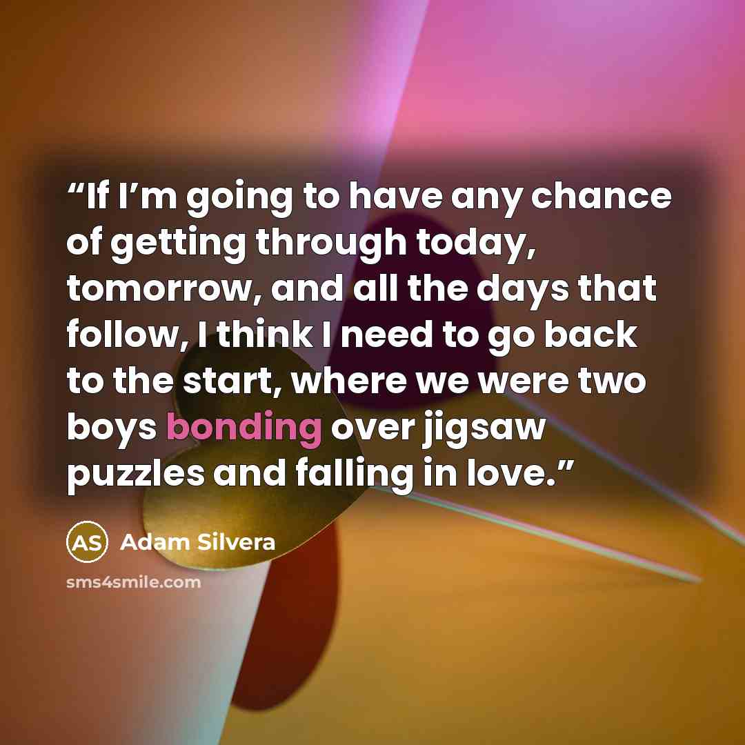 “If I’m going to have any chance of getting through today, tomorrow, and all the days that follow, I think I need to go back to the start, where we were two boys bonding over jigsaw puzzles and falling in love.” quote by Adam Silvera