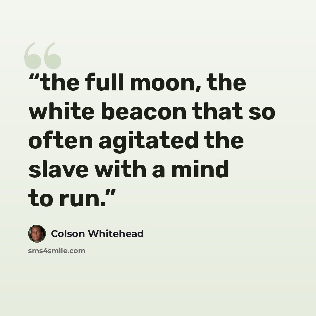“the full moon, the white beacon that so often agitated the slave with a mind to run.” quote by Colson Whitehead