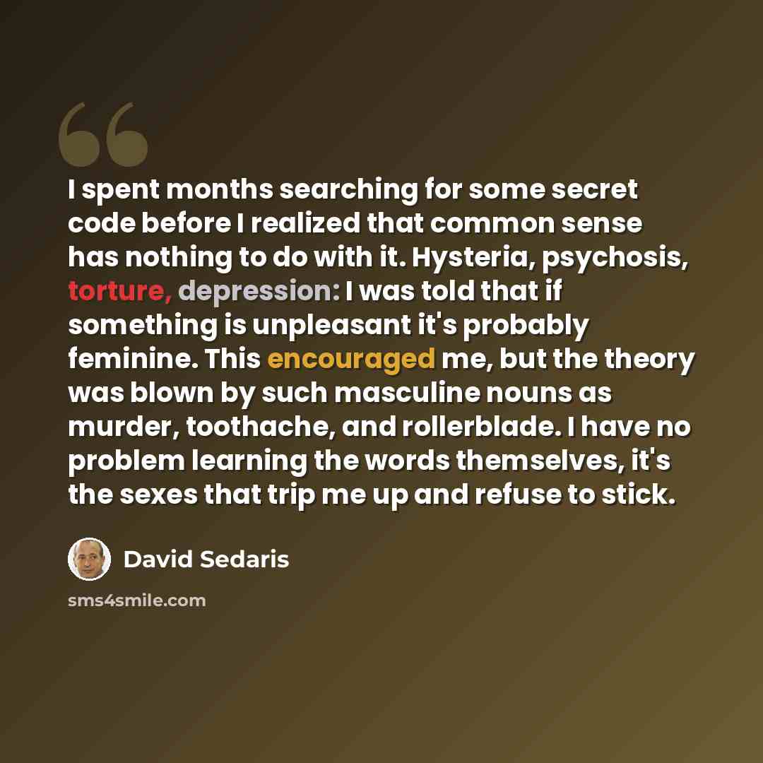 “I spent months searching for some secret code before I realized that common sense has nothing to do with it. Hysteria, psychosis, torture, depression: I was told that if something is unpleasant it's probably feminine. This encouraged me, but the theory was blown by such masculine nouns as murder…” quote by David Sedaris