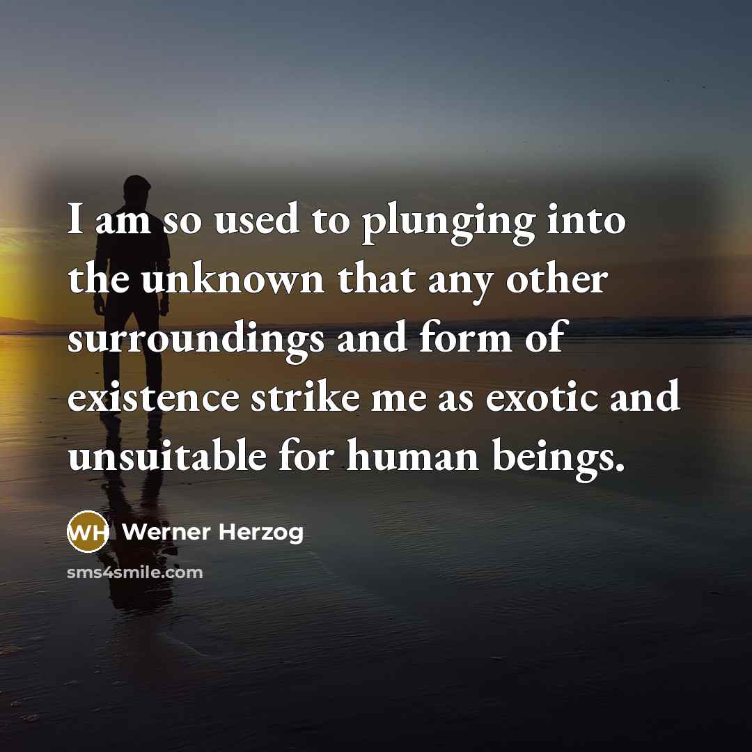 “I am so used to plunging into the unknown that any other surroundings and form of existence strike me as exotic and unsuitable for human beings.” quote by Werner Herzog