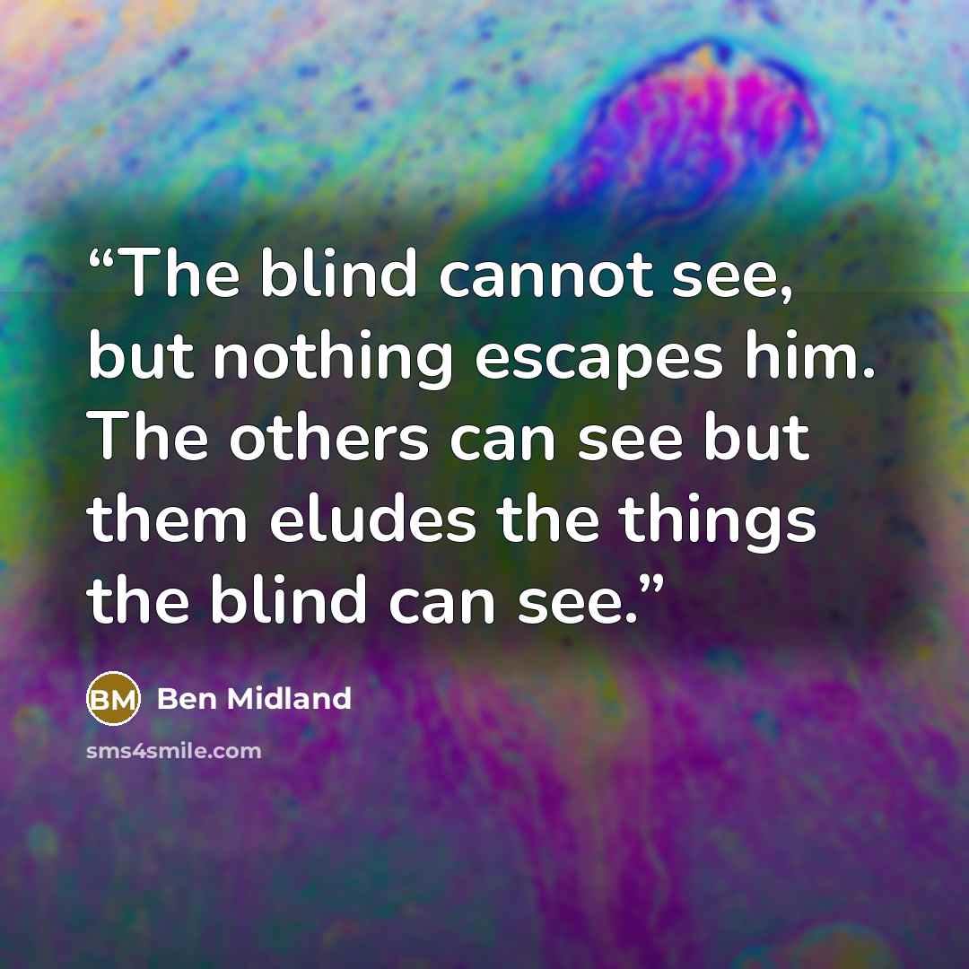 “The blind cannot see, but nothing escapes him. The others can see but them eludes the things the blind can see.” quote by Ben Midland