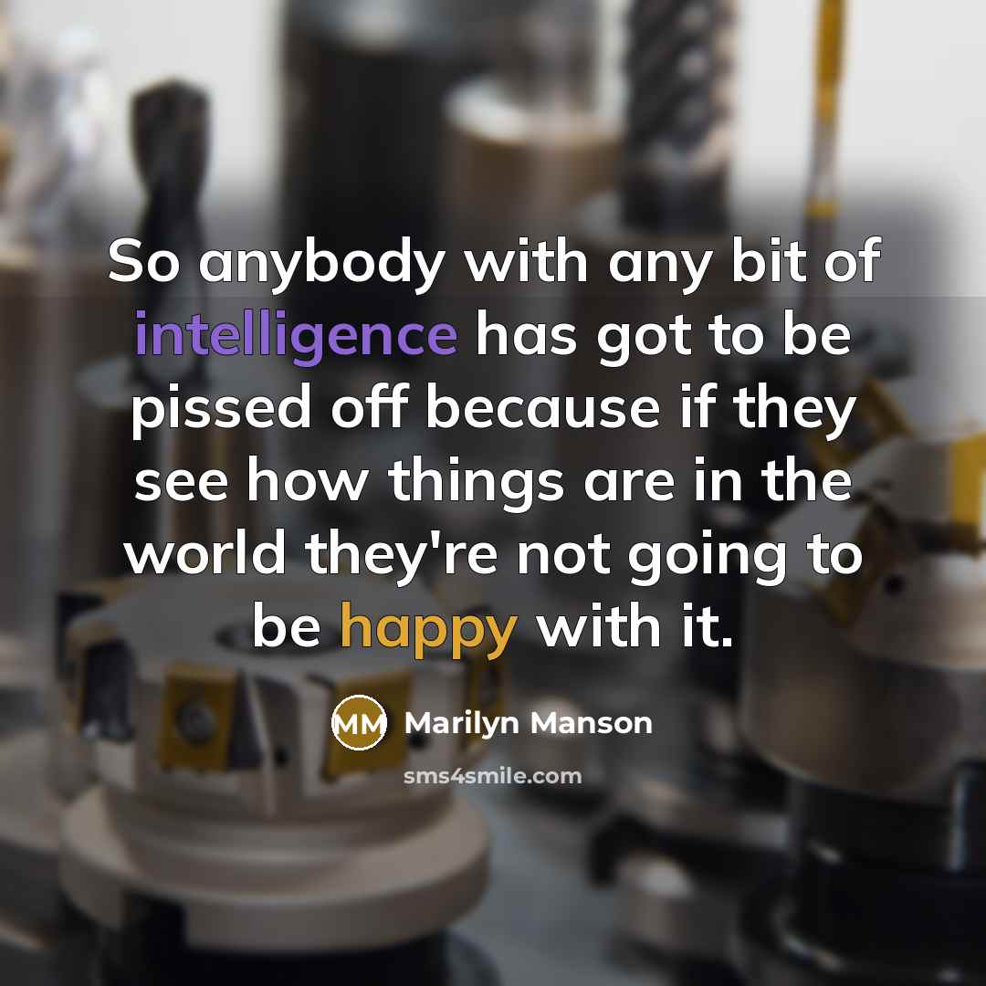 “So anybody with any bit of intelligence has got to be pissed off because if they see how things are in the world they're not going to be happy with it.” quote by Marilyn Manson