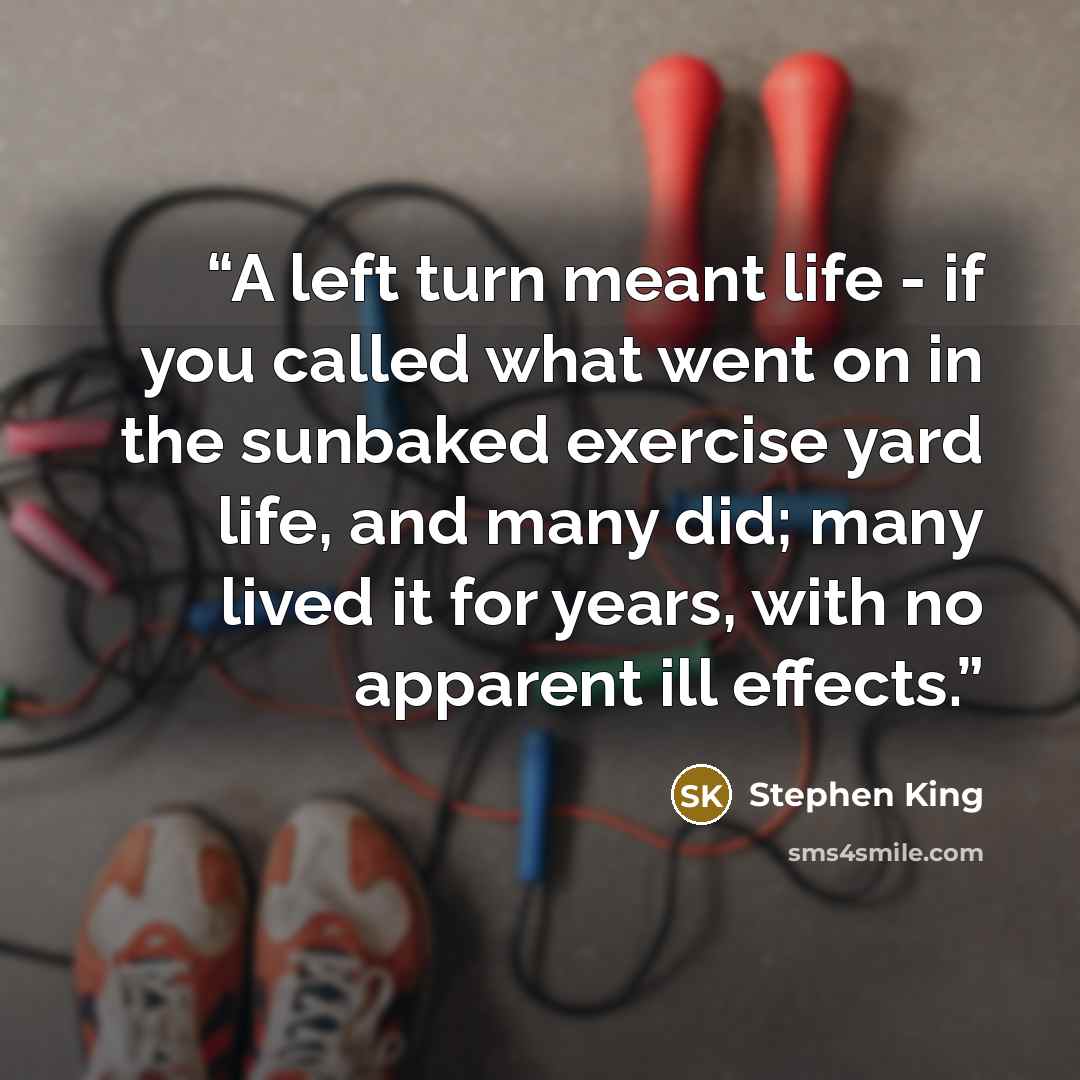“A left turn meant life - if you called what went on in the sunbaked exercise yard life, and many did; many lived it for years, with no apparent ill effects.” quote by Stephen King