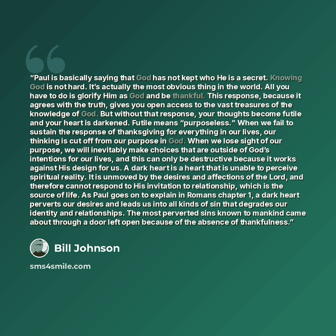 “Paul is basically saying that God has not kept who He is a secret. Knowing God is not hard. It’s actually the most obvious thing in the world. All you have to do is glorify Him as God and be thankful. This response, because it agrees with the truth, gives you open access to the vast treasures of…” quote by Bill Johnson