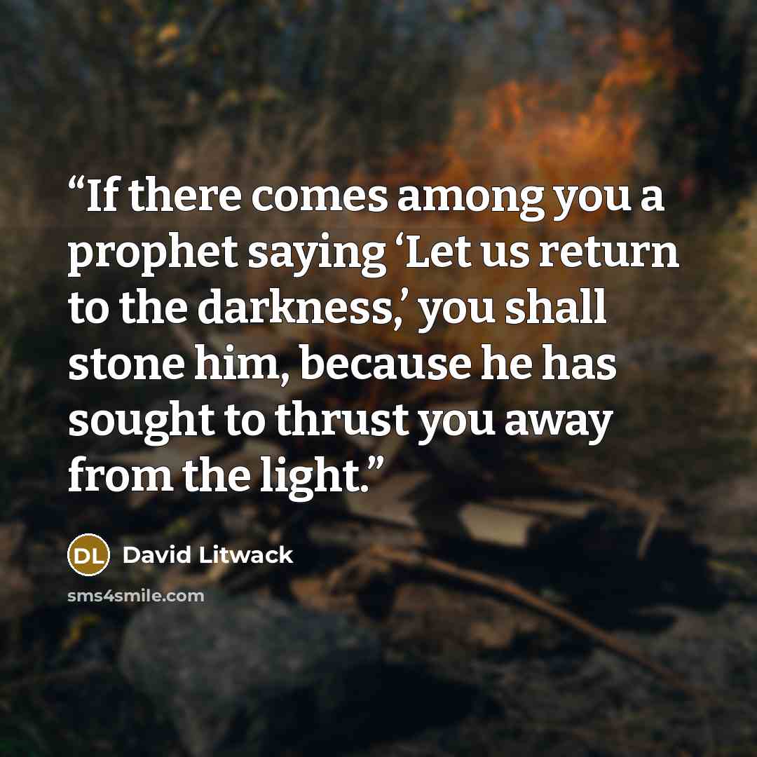 “If there comes among you a prophet saying ‘Let us return to the darkness,’ you shall stone him, because he has sought to thrust you away from the light.” quote by David Litwack