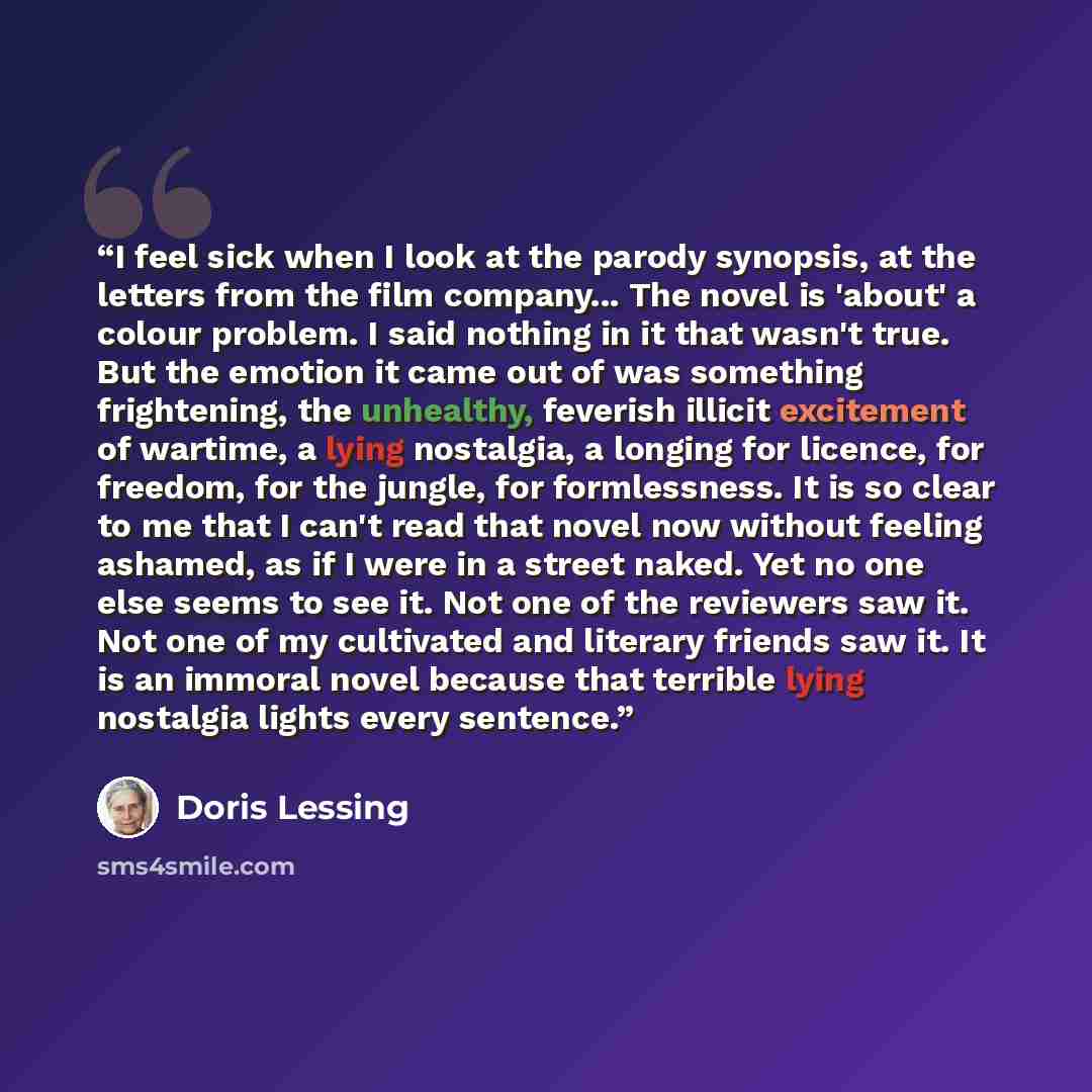 “I feel sick when I look at the parody synopsis, at the letters from the film company... The novel is 'about' a colour problem. I said nothing in it that wasn't true. But the emotion it came out of was something frightening, the unhealthy, feverish illicit excitement of wartime, a lying nostalgia…” quote by Doris Lessing