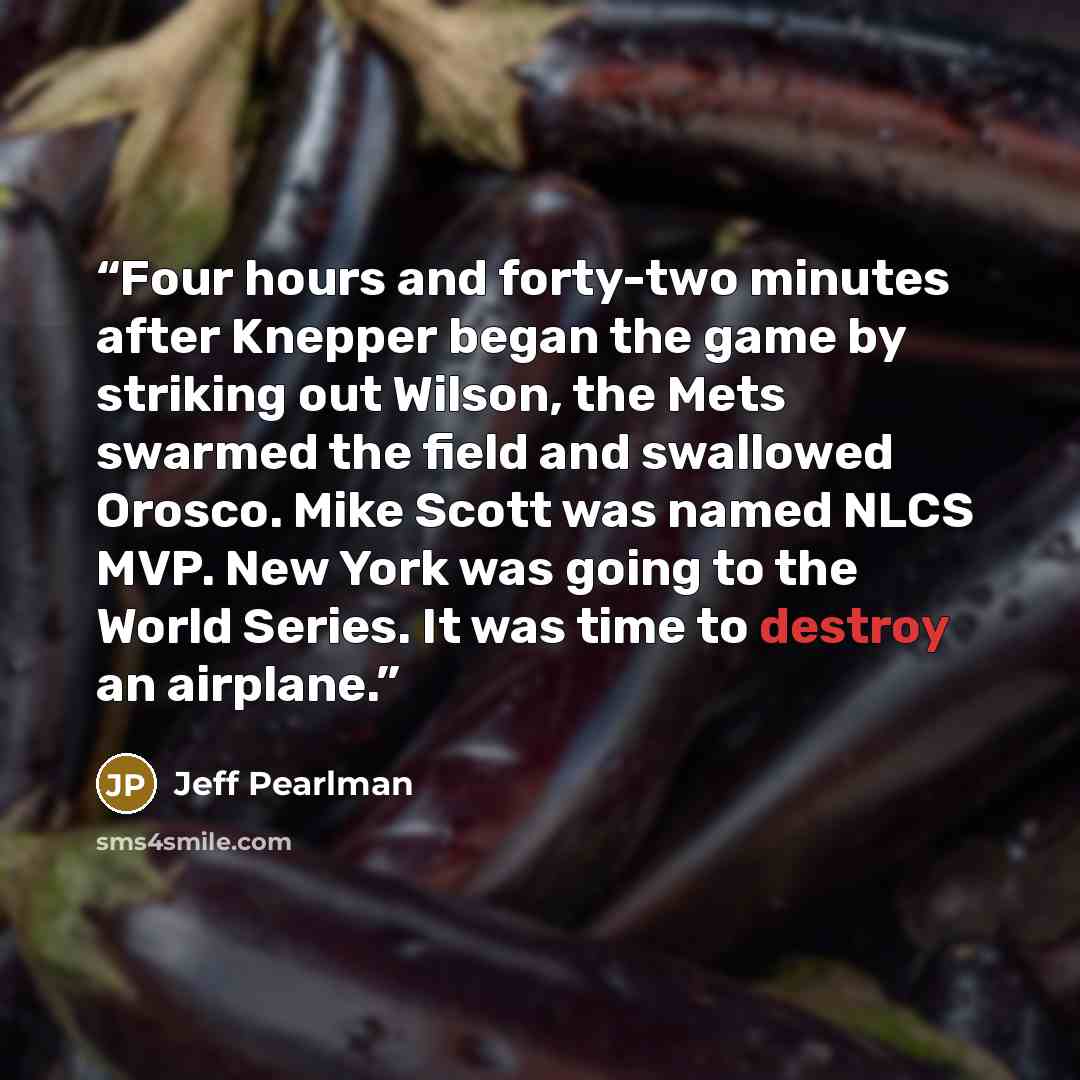 “Four hours and forty-two minutes after Knepper began the game by striking out Wilson, the Mets swarmed the field and swallowed Orosco. Mike Scott was named NLCS MVP. New York was going to the World Series. It was time to destroy an airplane.” quote by Jeff Pearlman