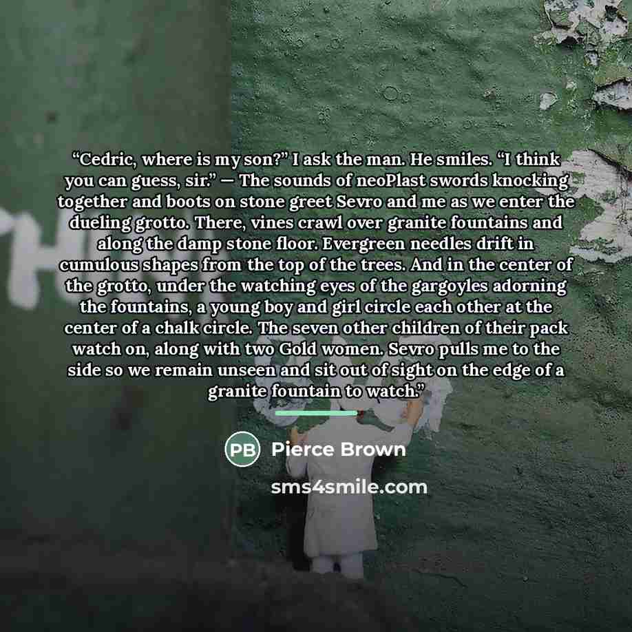 “Cedric, where is my son?” I ask the man. He smiles. “I think you can guess, sir.” — The sounds of neoPlast swords knocking together and boots on stone greet Sevro and me as we enter the dueling grotto. There, vines crawl over granite fountains and along the damp stone floor. Evergreen needles…” quote by Pierce Brown