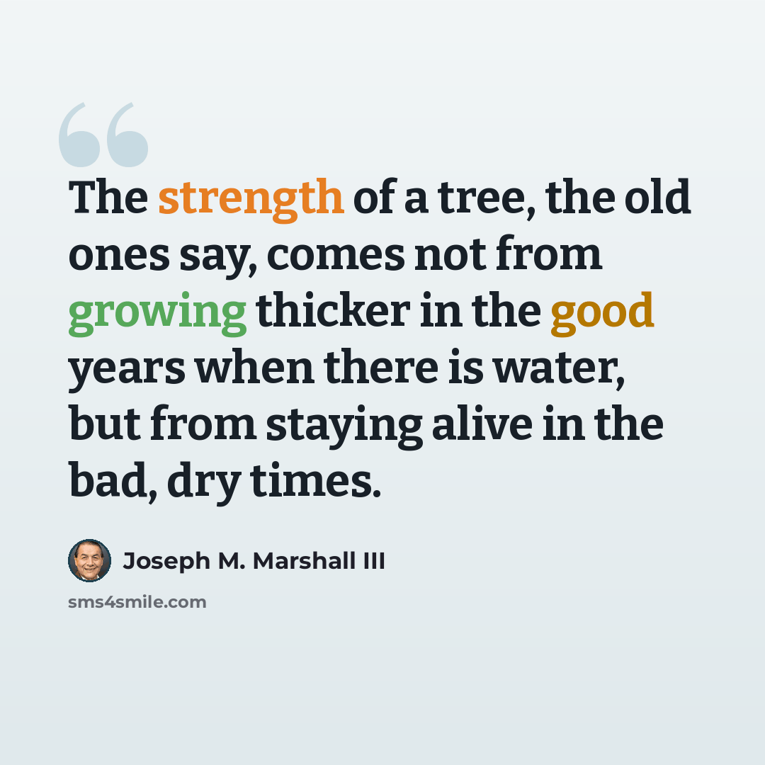 “The strength of a tree, the old ones say, comes not from growing thicker in the good years when there is water, but from staying alive in the bad, dry times.” quote by Joseph M. Marshall III